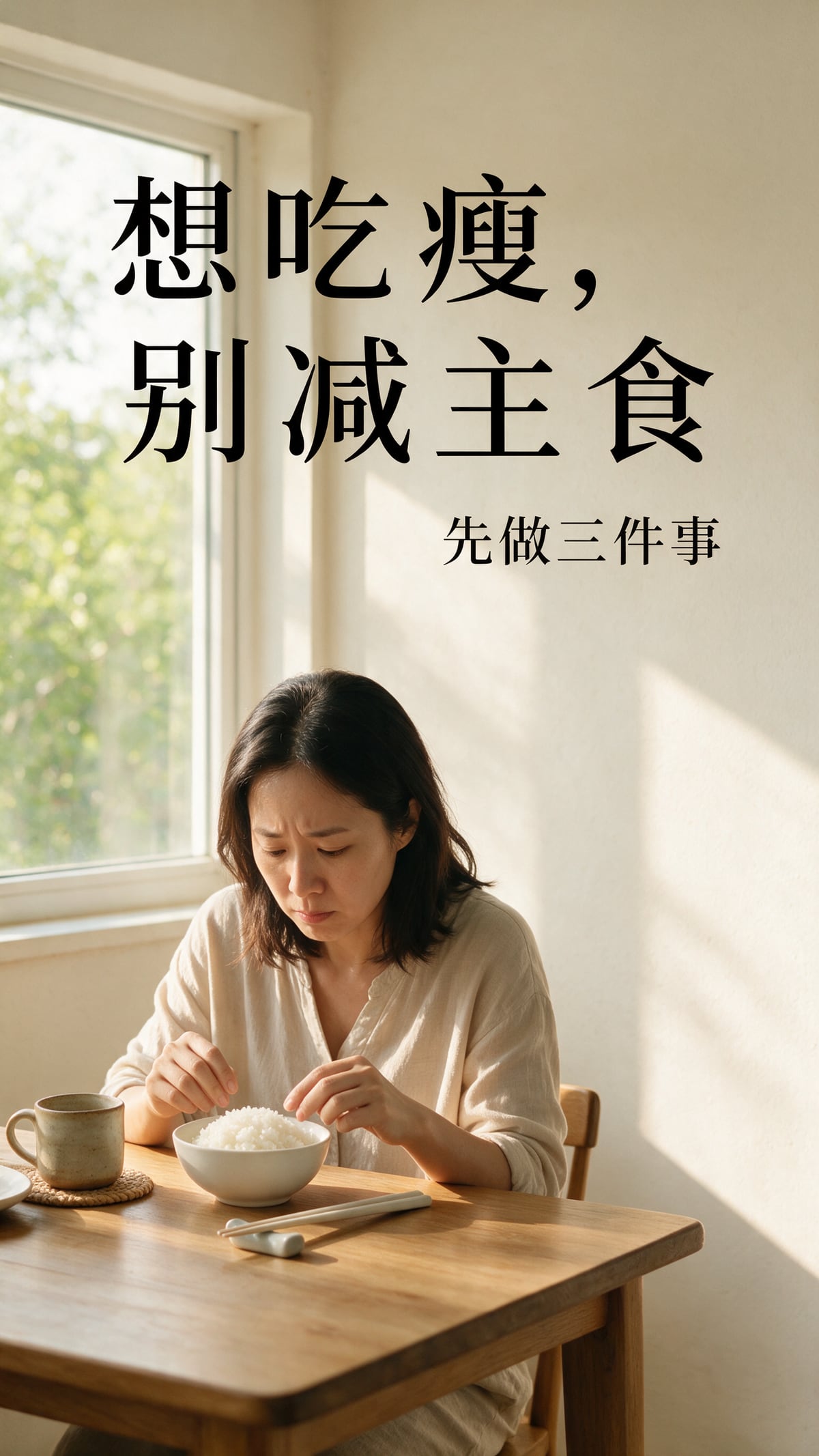 Seedream 5.0 Pro 生成的竖屏封面,中文标题「想吃瘦,别减主食」